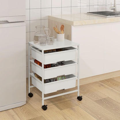 Carrello Multiuso con 3 Cestini Estraibili e Ruote per Cucina e Ufficio in Acciaio e PP, Bianco