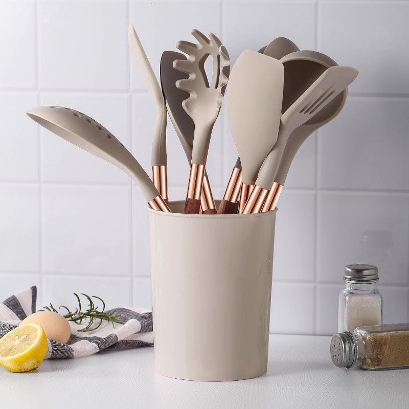 Set di utensili da cucina in silicone con seduta contenitore, padella antiaderente