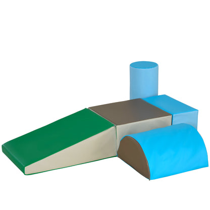 Set Costruzioni Morbide per Bambini 1-3 Anni con 5 Blocchi Colorati in Finta Pelle, Blu e Verde