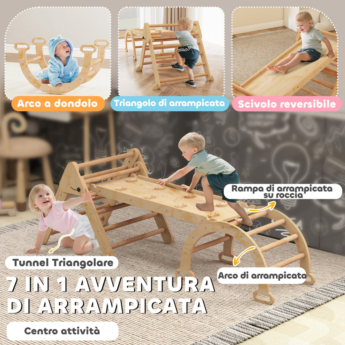 Gioco per Bambini 5 in 1 con Triangolo, Parete Liscia e Arco, in Legno di Pioppo e Pino, 188x70x59 cm