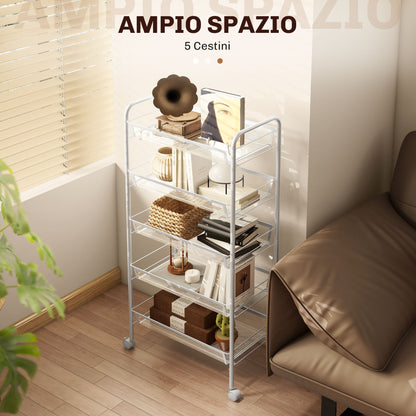 Carrello da Cucina Salvaspazio a 5 Livelli con Cestini a Rete in Acciaio, 45x26.5x106cm, Bianco