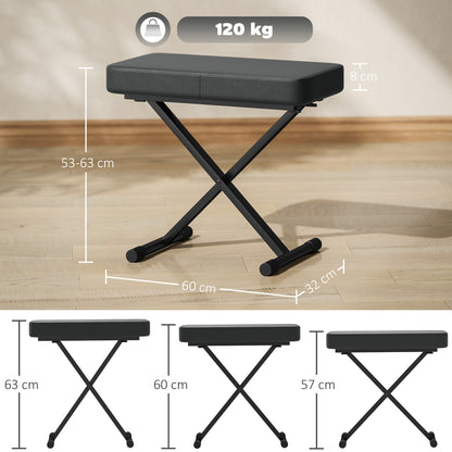 Sgabello per Pianoforte Pieghevole e Regolabile su 4 Altezze, in Pelle PU, Schiuma e Metallo, 60x32x53-63 cm, Nero