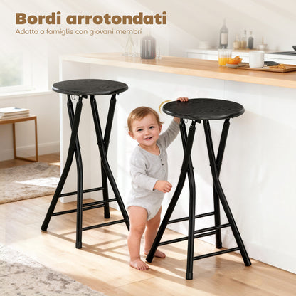 Set 2 Sgabelli Bar Pieghevoli con Doppio Poggiapiedi, in Legno e Acciaio, 34x30x70 cm, Nero