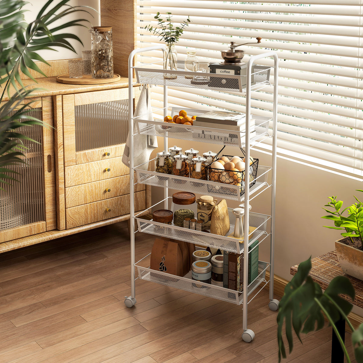 Carrello da Cucina Salvaspazio a 5 Livelli con Cestini a Rete in Acciaio, 45x26.5x106cm, Bianco