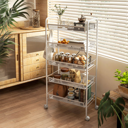 Carrello da Cucina Salvaspazio a 5 Livelli con Cestini a Rete in Acciaio, 45x26.5x106cm, Bianco