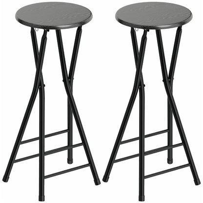Set 2 Sgabelli Bar Pieghevoli con Doppio Poggiapiedi, in Legno e Acciaio, 34x30x70 cm, Nero