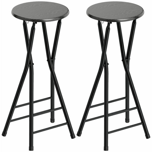 Set 2 Sgabelli Bar Pieghevoli con Doppio Poggiapiedi, in Legno e Acciaio, 34x30x70 cm, Nero