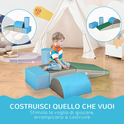 Set Costruzioni Morbide per Bambini 1-3 Anni con 5 Blocchi Colorati in Finta Pelle, Blu e Verde