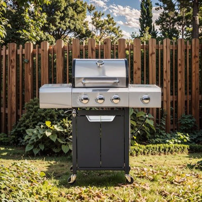 Barbecue a gas in acciaio inox con 3 bruciatori per campeggio e uso esterno