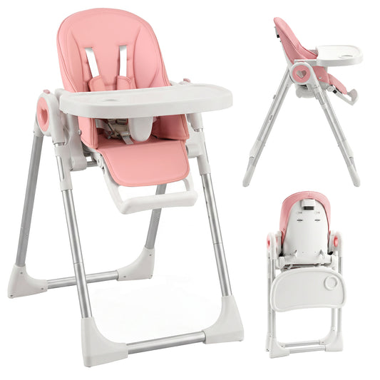 Seggiolone Pappa Pieghevole per Bambini 6-36 Mesi con Altezza Regolabile, Doppio Vassoio Lavabile, Ruote, Rosa