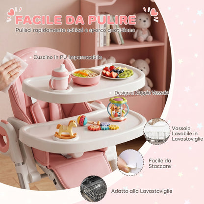 Seggiolone Pappa Pieghevole per Bambini 6-36 Mesi con Altezza Regolabile, Doppio Vassoio Lavabile, Ruote, Rosa