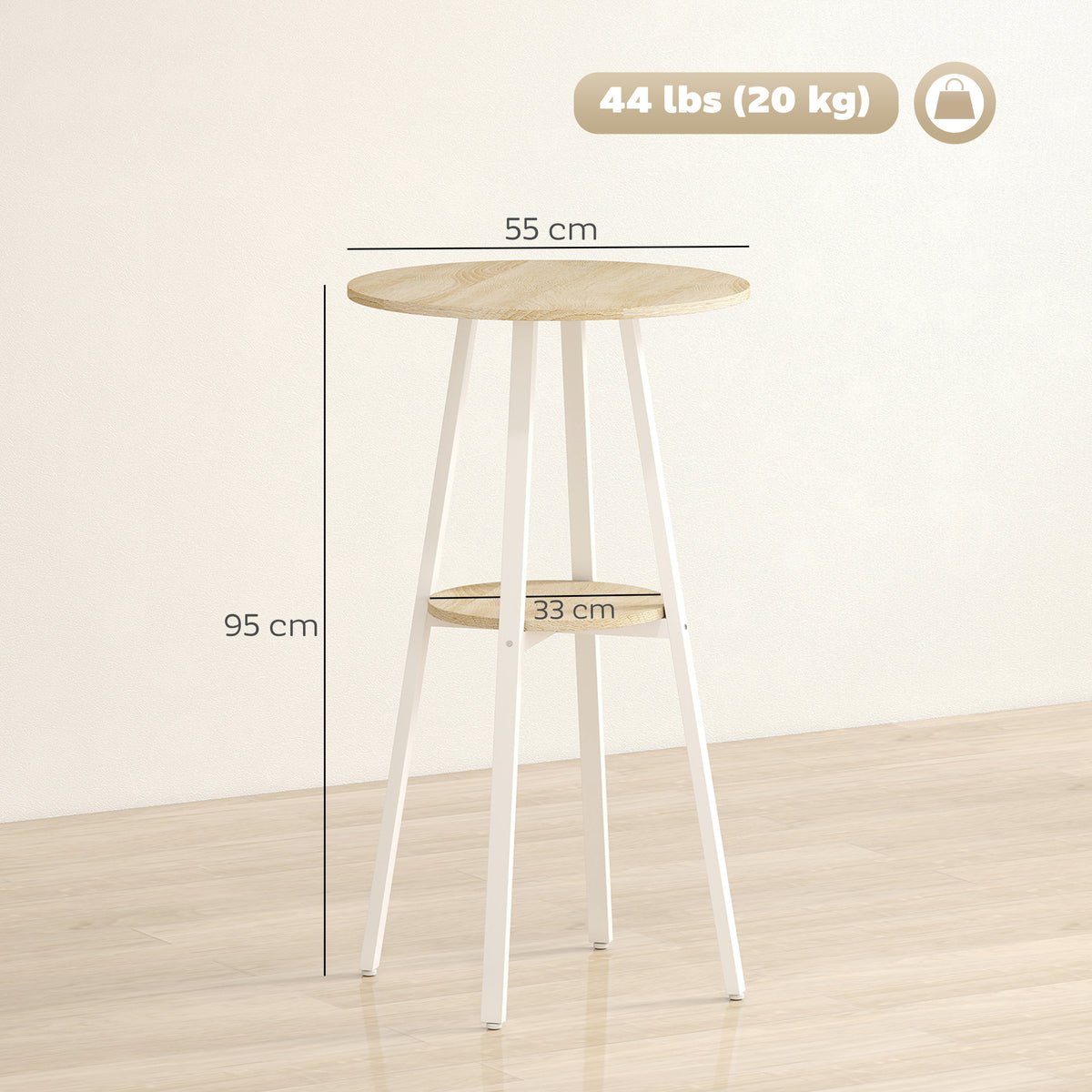 Tavolo Alto Rotondo con Mensola, Tavolo Moderno per Cucina o Sala da Pranzo, per 2 Persone, Naturale e Bianco