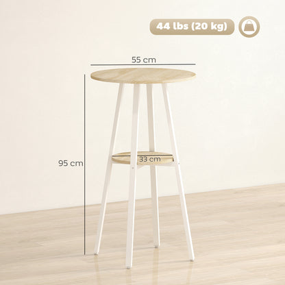 Tavolo Alto Rotondo con Mensola, Tavolo Moderno per Cucina o Sala da Pranzo, per 2 Persone, Naturale e Bianco