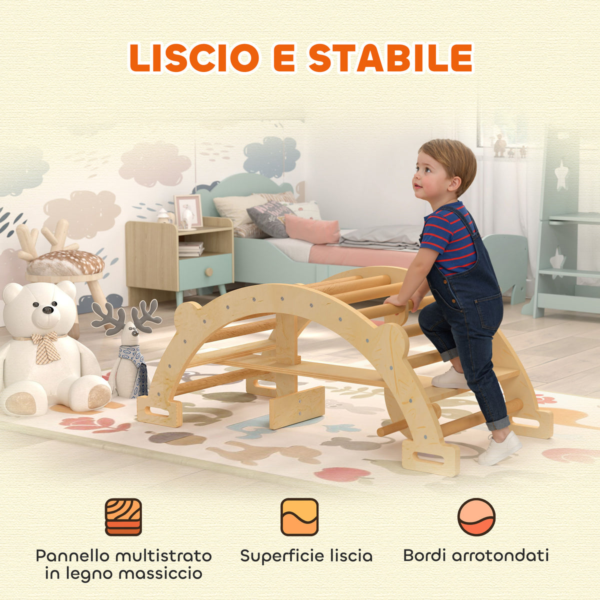 Arco Montessori in Legno per Bambini 2-4 Anni Convertibile in Dondolo 110x52x45 cm, color Legno