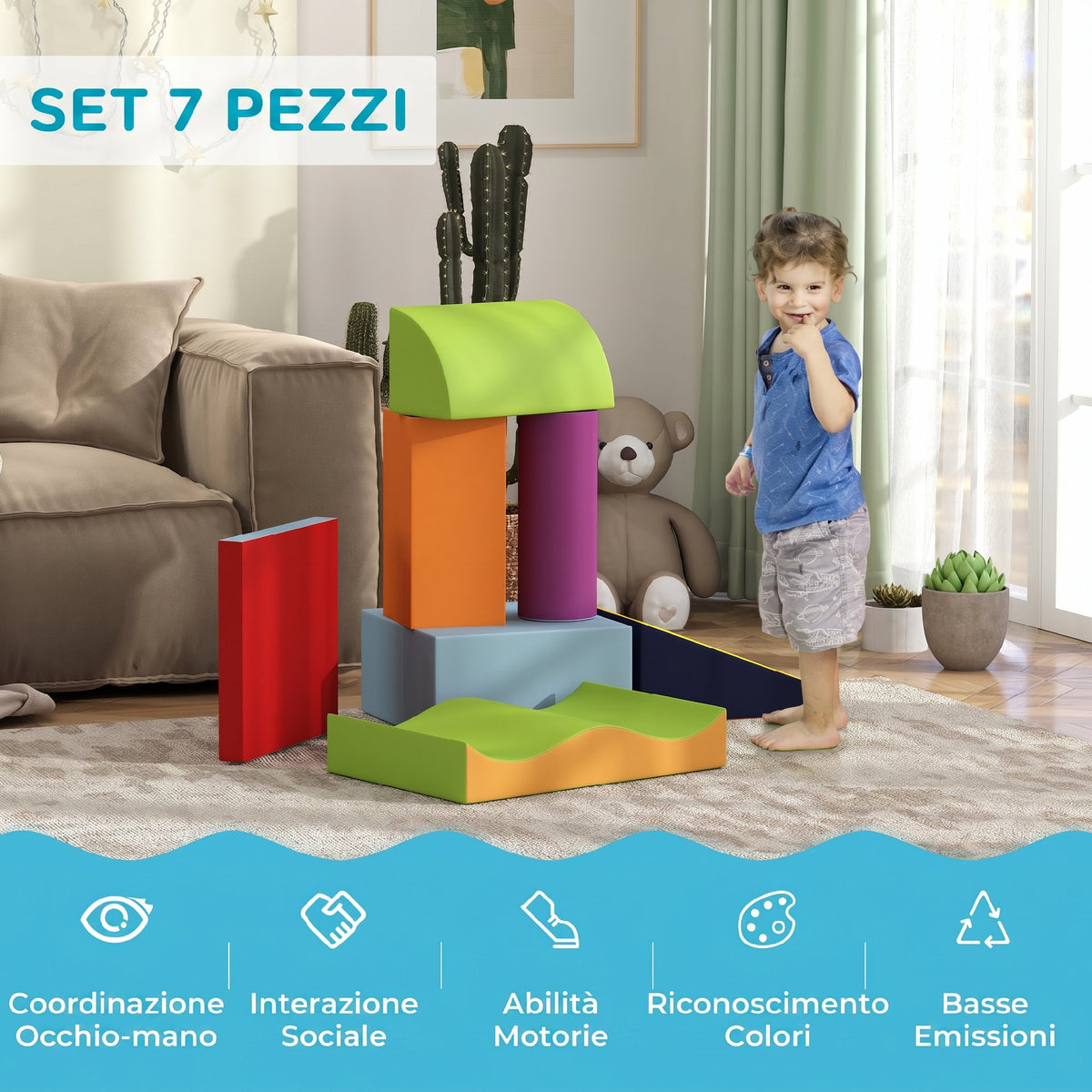 Set di 7 Costruzioni Morbide per Bambini da 1-3 Anni in Schiuma e Pelle PU, per Casa e Asilo, Multicolore
