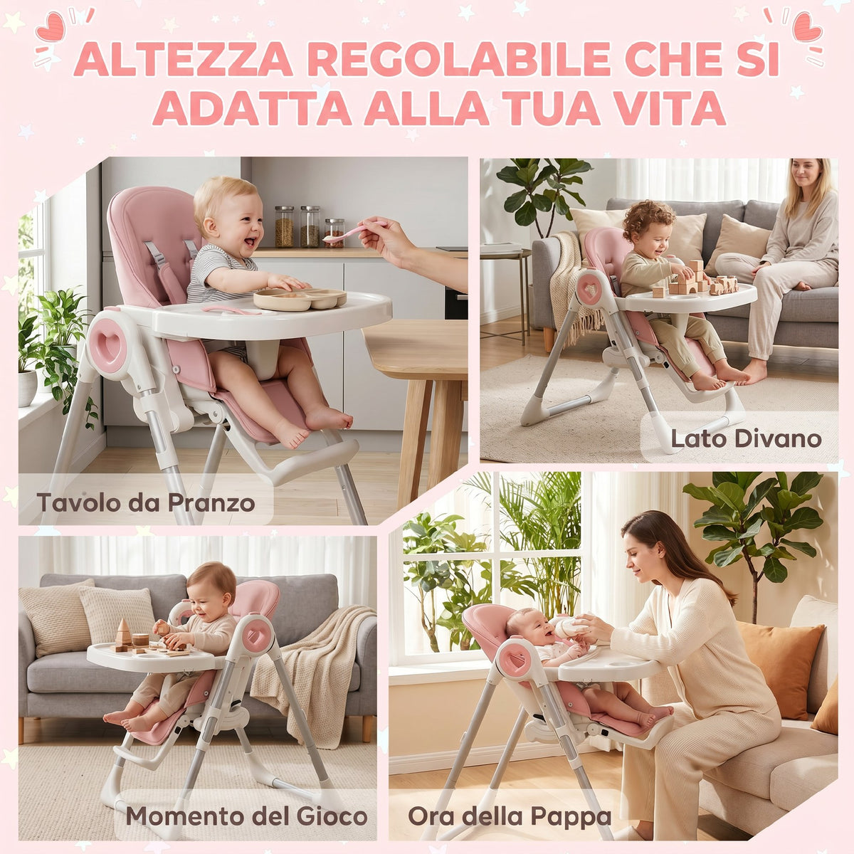 Seggiolone Pappa Pieghevole per Bambini 6-36 Mesi con Altezza Regolabile, Doppio Vassoio Lavabile, Ruote, Rosa