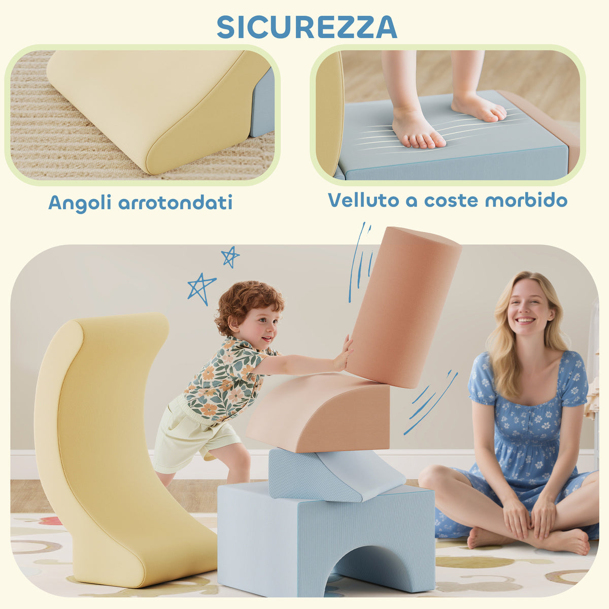 Set 5 Costruzioni Morbide per Bambini 1.5-8 Anni, in Tessuto Effetto Velluto e Spugna, Multicolore