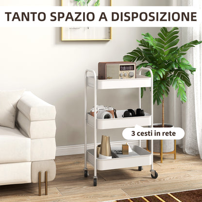 Carrello da Cucina a 3 Livelli con Maniglie e 4 Rotelle, in Acciaio, 45x30.6x79 cm, Bianco