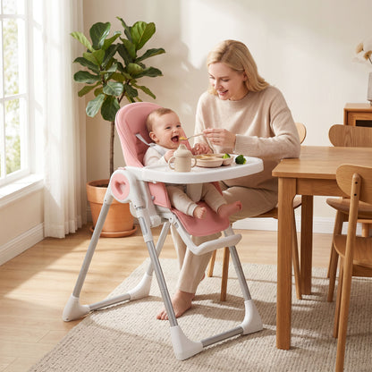 Seggiolone Pappa Pieghevole per Bambini 6-36 Mesi con Altezza Regolabile, Doppio Vassoio Lavabile, Ruote, Rosa