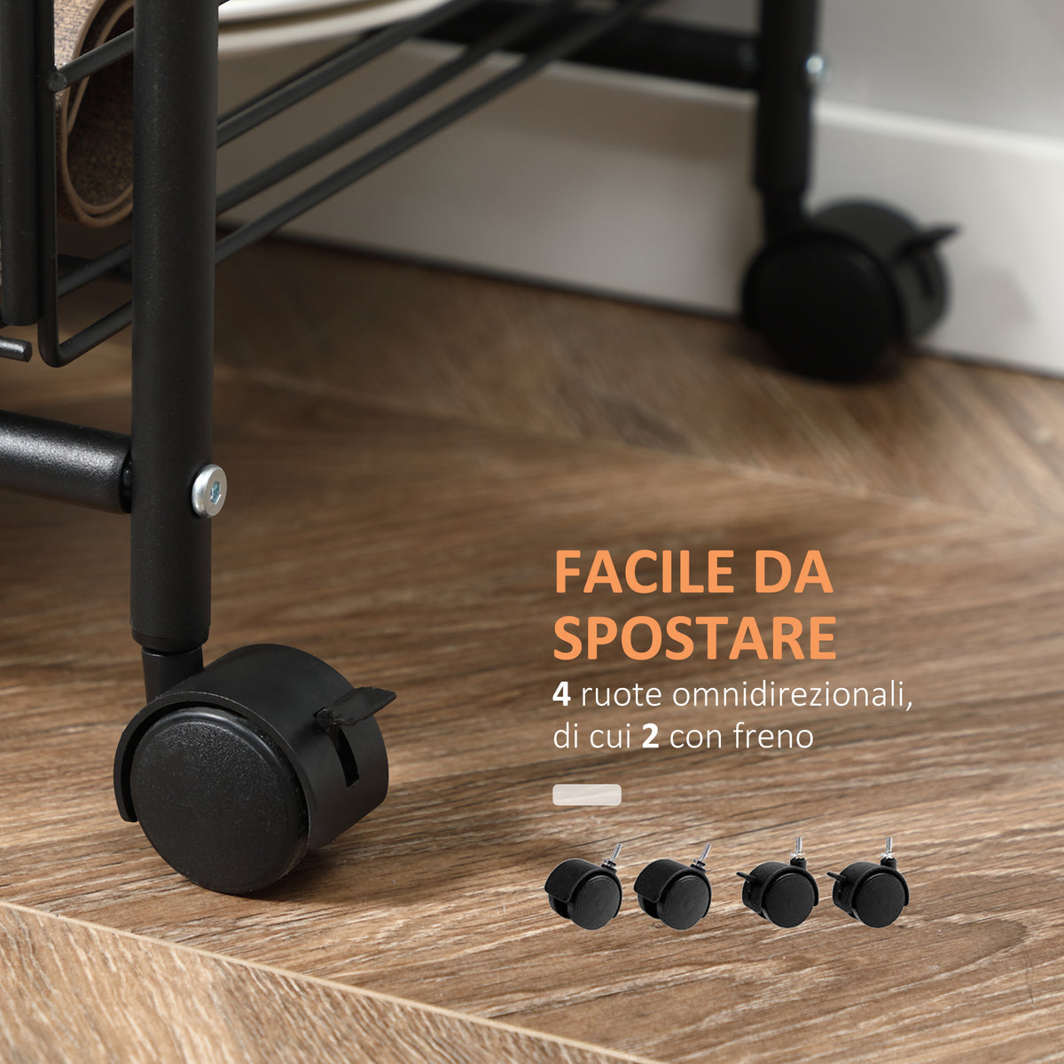 Carrello da Cucina Portavivande Stile Industriale con 4 Ruote, 2 Cestini e 4 Ganci, 60x38x85.5cm, Marrone Nero