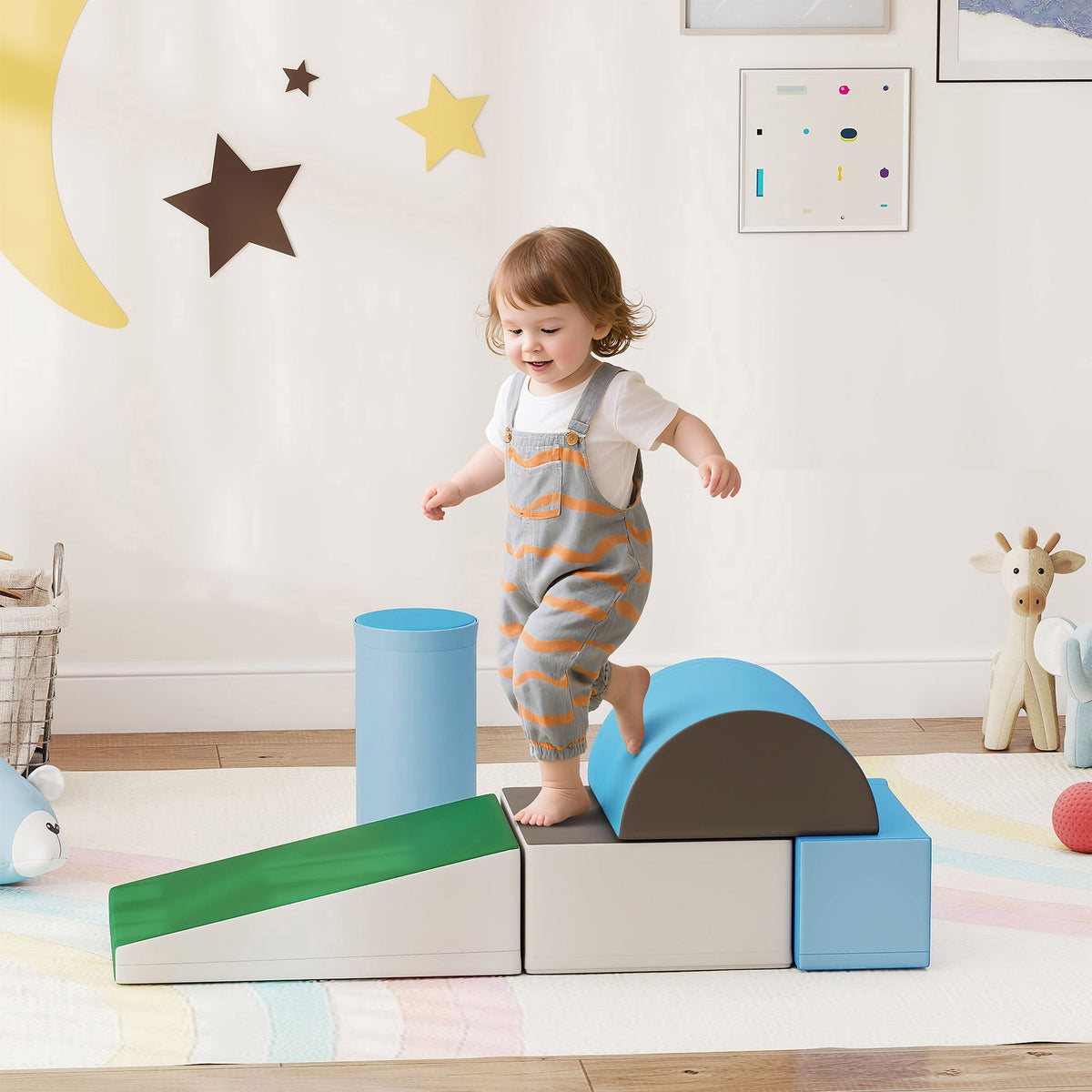 Set Costruzioni Morbide per Bambini 1-3 Anni con 5 Blocchi Colorati in Finta Pelle, Blu e Verde