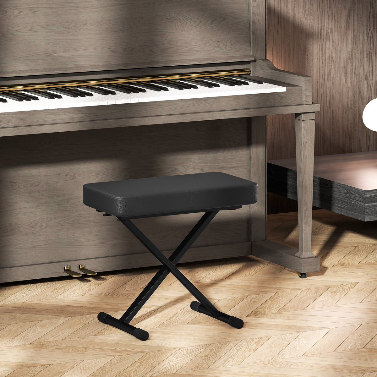 Sgabello per Pianoforte Pieghevole e Regolabile su 4 Altezze, in Pelle PU, Schiuma e Metallo, 60x32x53-63 cm, Nero