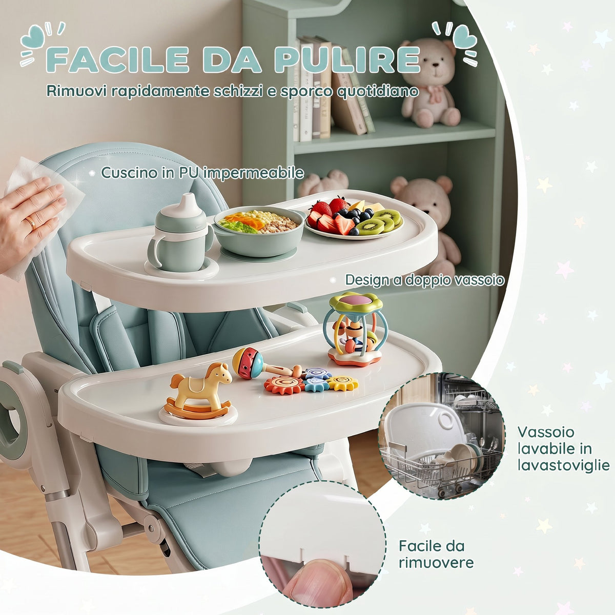 Seggiolone Pappa Pieghevole per Bambini 6-36 Mesi, Altezza Regolabile, Doppio Vassoio Lavabile e Ruote, Verde
