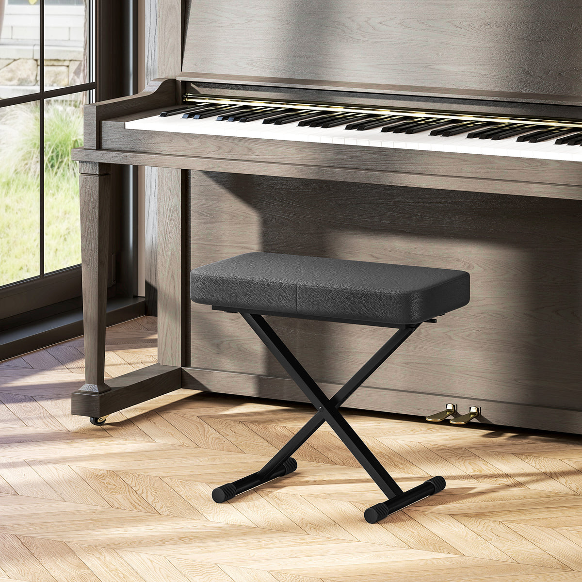 Sgabello per Pianoforte Pieghevole e Regolabile su 4 Altezze, in Pelle PU, Schiuma e Metallo, 60x32x53-63 cm, Nero