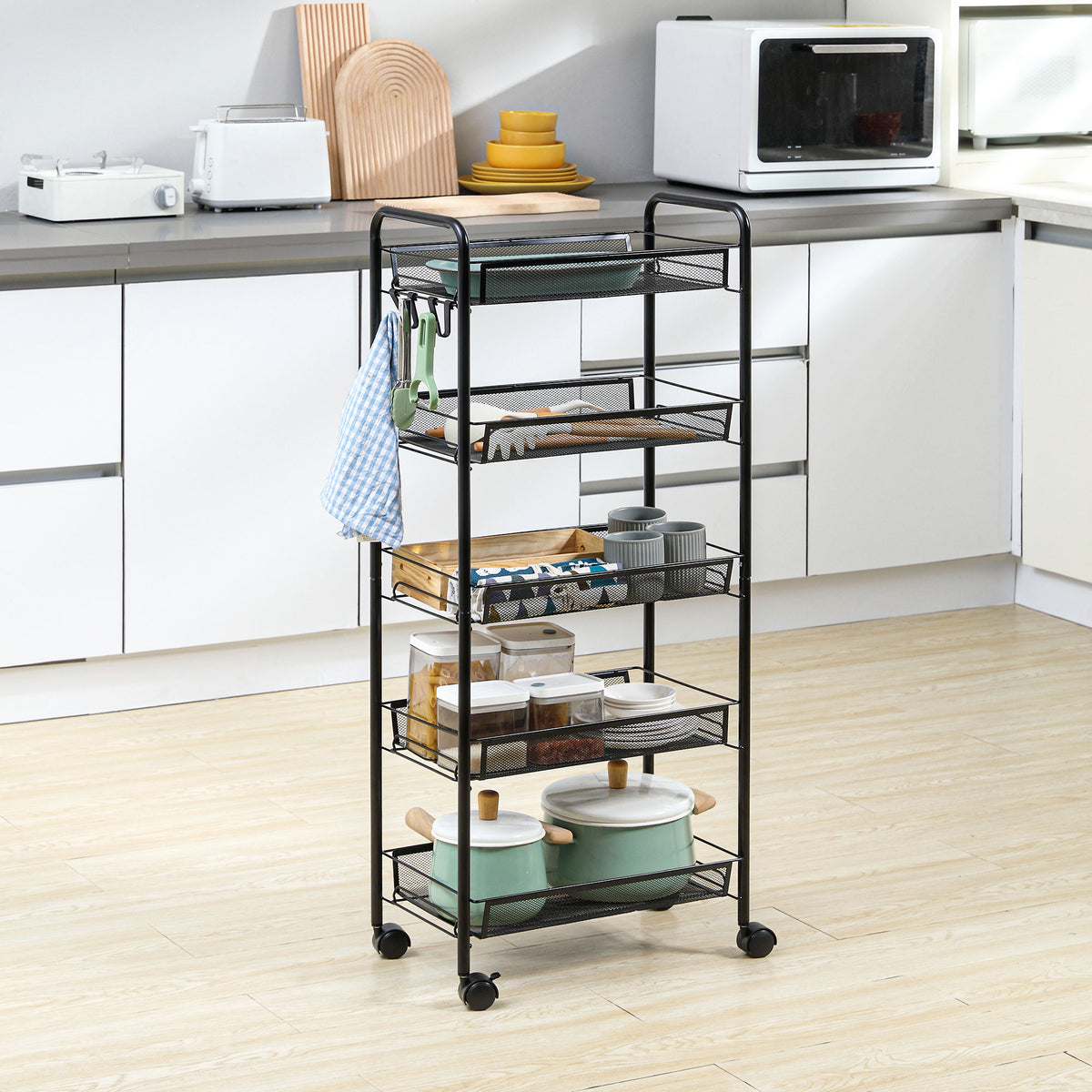 Carrello da Cucina Salvaspazio a 5 Livelli con Cestini a Rete in Acciaio, 45x26.5x106cm, Nero