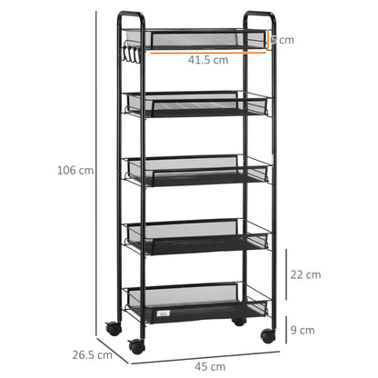 Carrello da Cucina Salvaspazio a 5 Livelli con Cestini a Rete in Acciaio, 45x26.5x106cm, Nero
