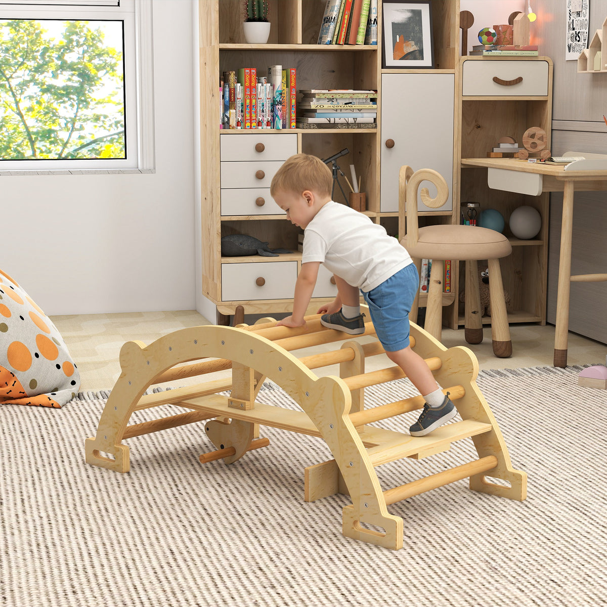 Arco Montessori in Legno per Bambini 2-4 Anni Convertibile in Dondolo 110x52x45 cm, color Legno