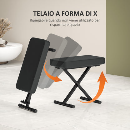 Sgabello per Pianoforte Pieghevole e Regolabile su 4 Altezze, in Pelle PU, Schiuma e Metallo, 60x32x53-63 cm, Nero