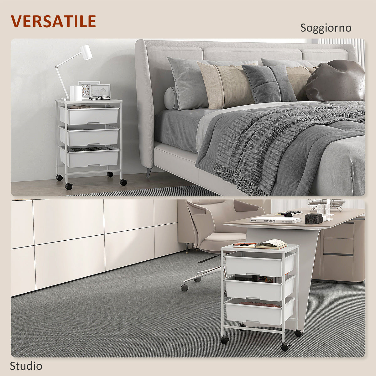 Carrello Multiuso con 3 Cestini Estraibili e Ruote per Cucina e Ufficio in Acciaio e PP, Bianco