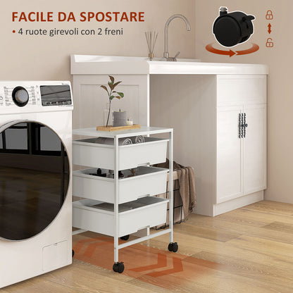 Carrello Multiuso con 3 Cestini Estraibili e Ruote per Cucina e Ufficio in Acciaio e PP, Bianco