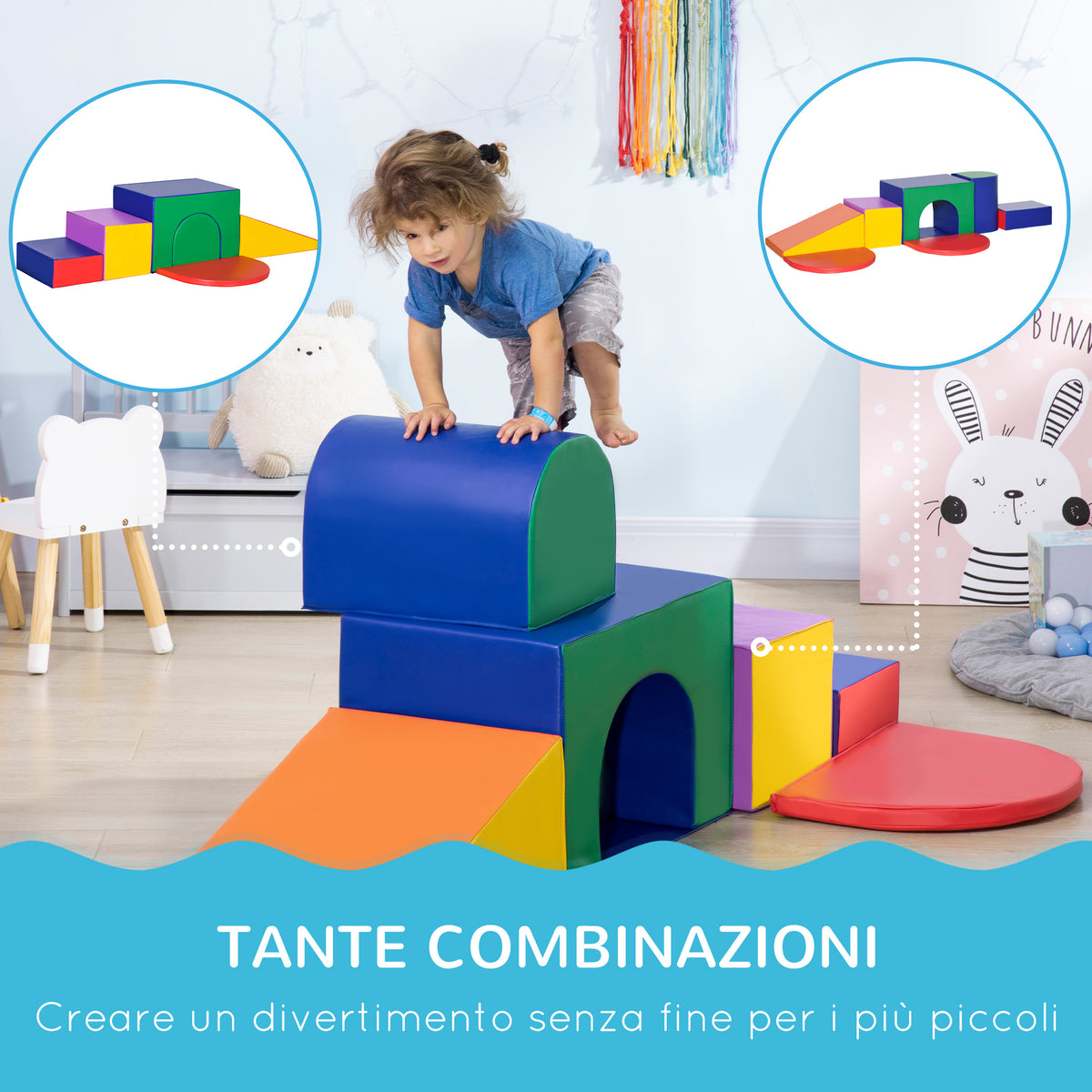 Set da Gioco per Bambini 1-3 Anni da 7 Blocchi Multicolore in PU e EPE, 170x130x40 cm