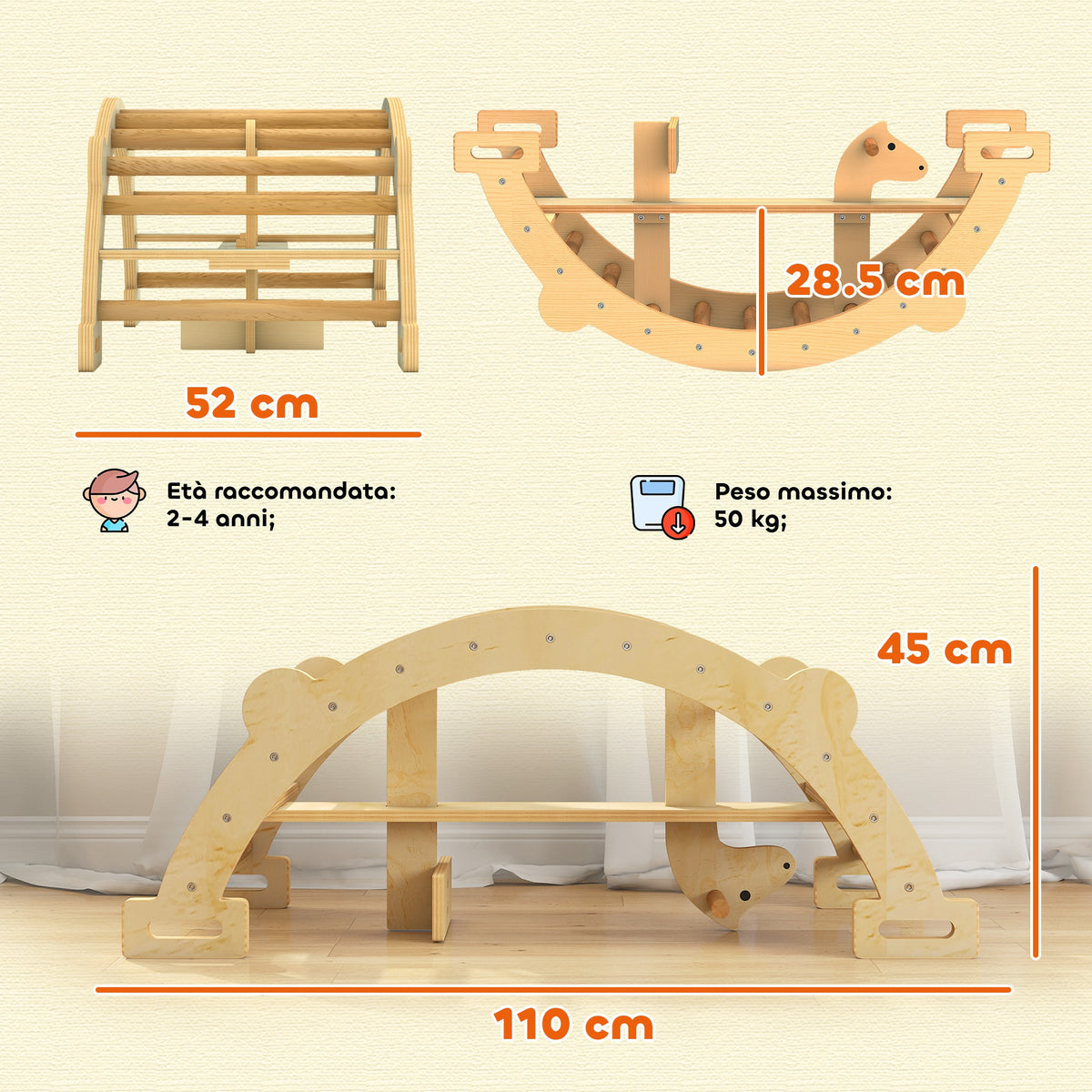 Arco Montessori in Legno per Bambini 2-4 Anni Convertibile in Dondolo 110x52x45 cm, color Legno