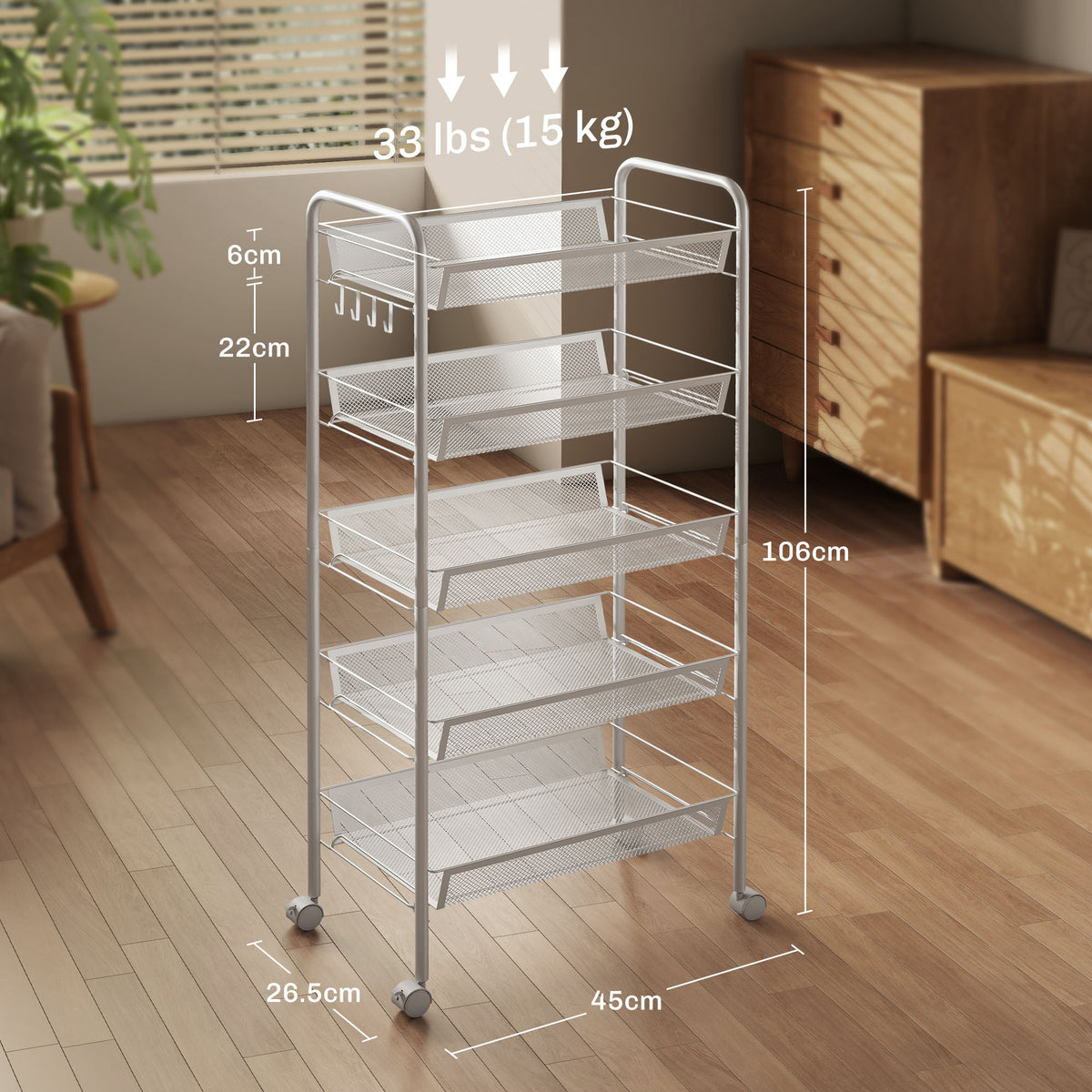 Carrello da Cucina Salvaspazio a 5 Livelli con Cestini a Rete in Acciaio, 45x26.5x106cm, Bianco