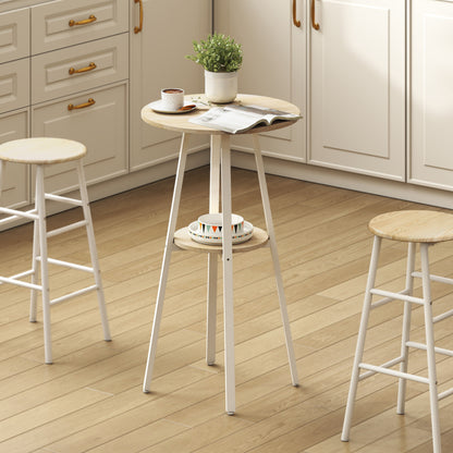 Tavolo Alto Rotondo con Mensola, Tavolo Moderno per Cucina o Sala da Pranzo, per 2 Persone, Naturale e Bianco