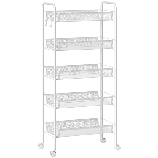 Carrello da Cucina Salvaspazio a 5 Livelli con Cestini a Rete in Acciaio, 45x26.5x106cm, Bianco