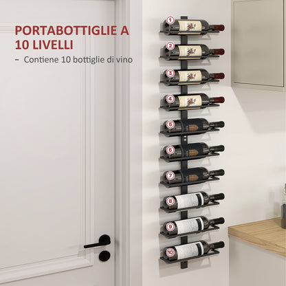 Portabottiglie da Parete a 10 Ripiani in Acciaio Nero per 10 Bottiglie,, 27x10x116 cm
