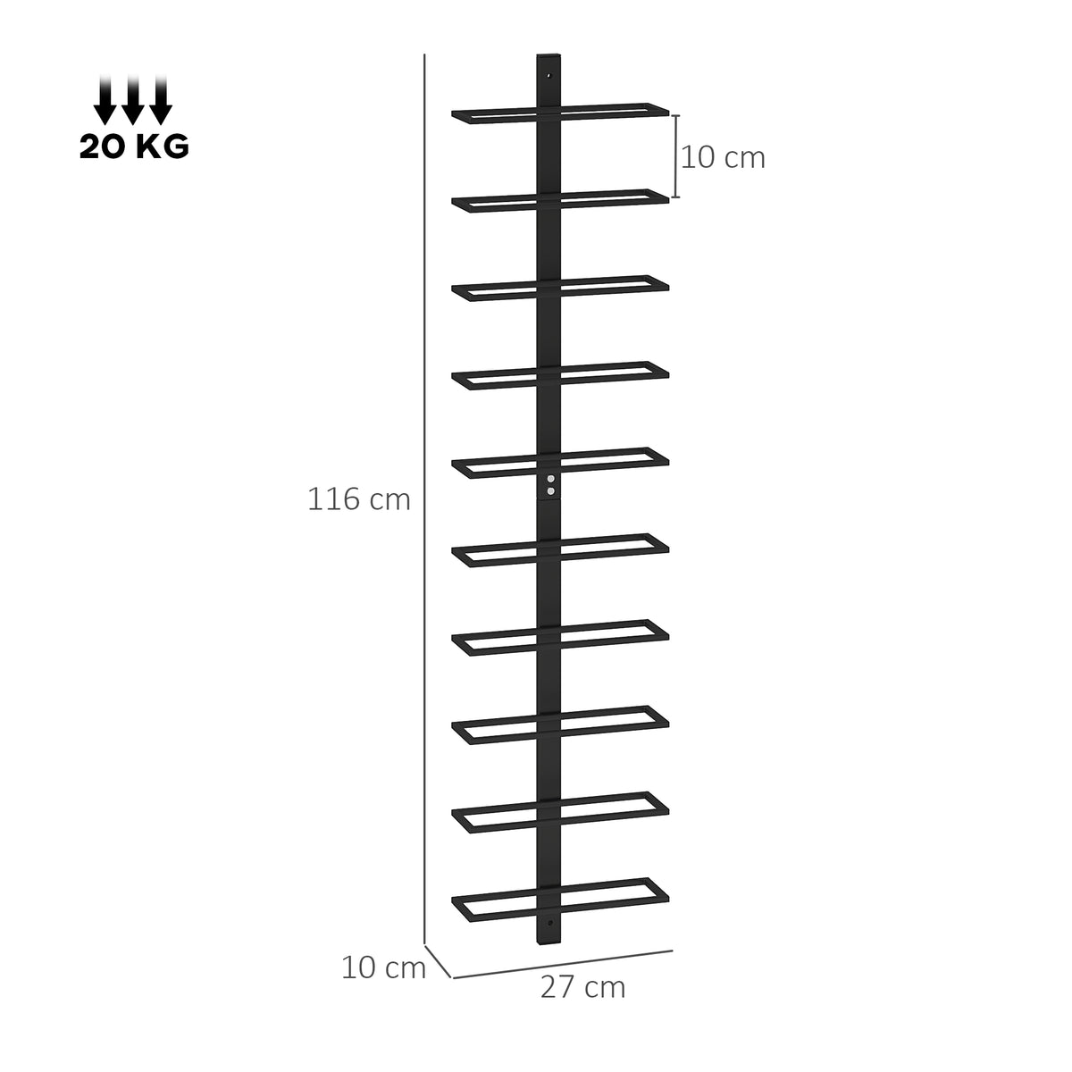 Portabottiglie da Parete a 10 Ripiani in Acciaio Nero per 10 Bottiglie,, 27x10x116 cm