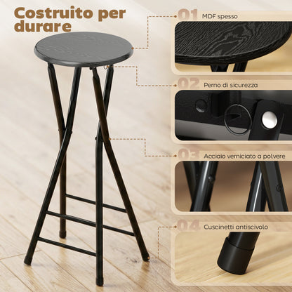 Set 2 Sgabelli Bar Pieghevoli con Doppio Poggiapiedi, in Legno e Acciaio, 34x30x70 cm, Nero