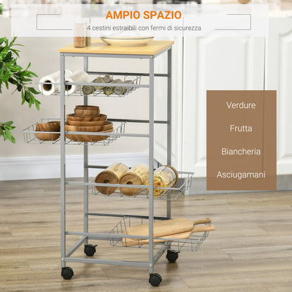 Carrello da Cucina Salvaspazio con 4 Cesti Estraibili in Legno e Acciaio, 36.5x36.5x89 cm, Argento e color Legno