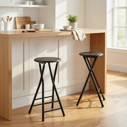 Set 2 Sgabelli Bar Pieghevoli con Doppio Poggiapiedi, in Legno e Acciaio, 34x30x70 cm, Nero