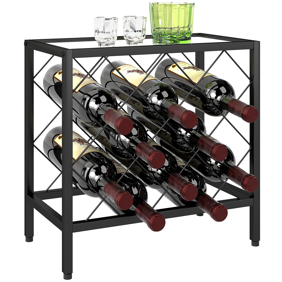 Portabottiglie Vini per 10 Bottiglie in Acciaio Nero con Piano d'Appoggio in Vetro Temperato, 41x22x41 cm
