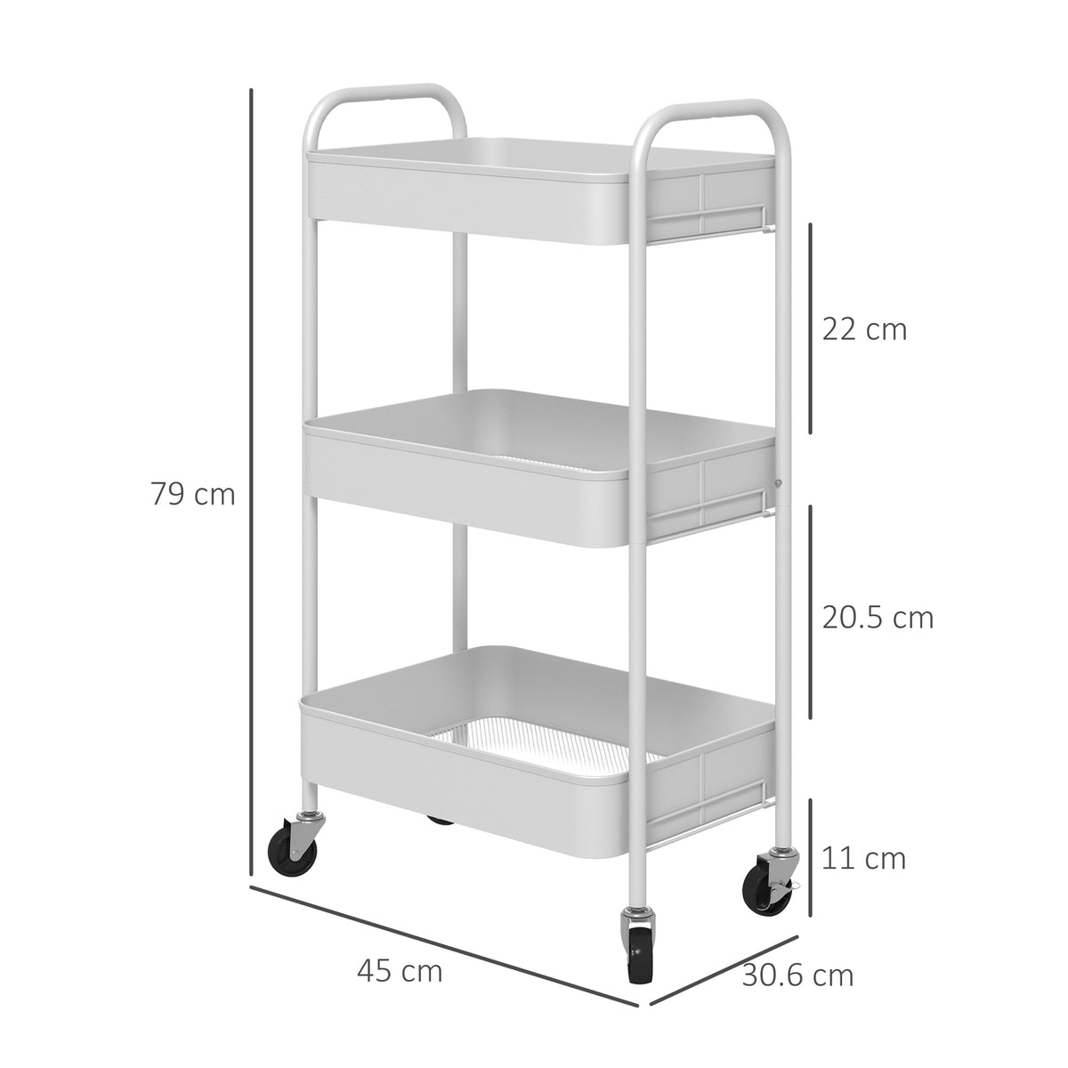 Carrello da Cucina a 3 Livelli con Maniglie e 4 Rotelle, in Acciaio, 45x30.6x79 cm, Bianco