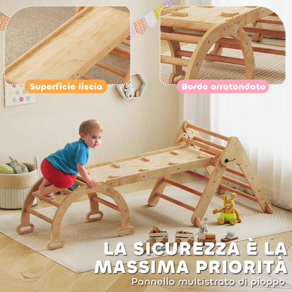 Gioco per Bambini 5 in 1 con Triangolo, Parete Liscia e Arco, in Legno di Pioppo e Pino, 188x70x59 cm