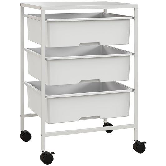 Carrello Multiuso con 3 Cestini Estraibili e Ruote per Cucina e Ufficio in Acciaio e PP, Bianco