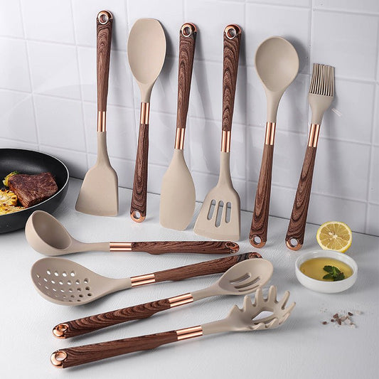 Set di utensili da cucina in silicone con seduta contenitore, padella antiaderente