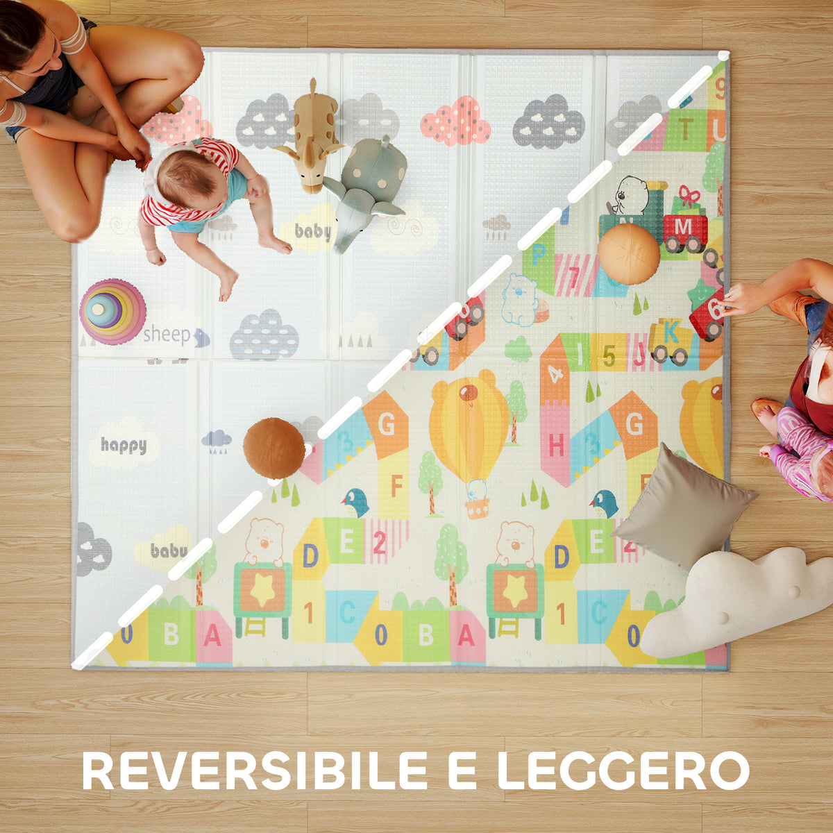 Tappeto per Bambini con Lettere dell'Alfabeto e Superficie Impermeabile in XPE Multicolore, 200x180x1.5 cm